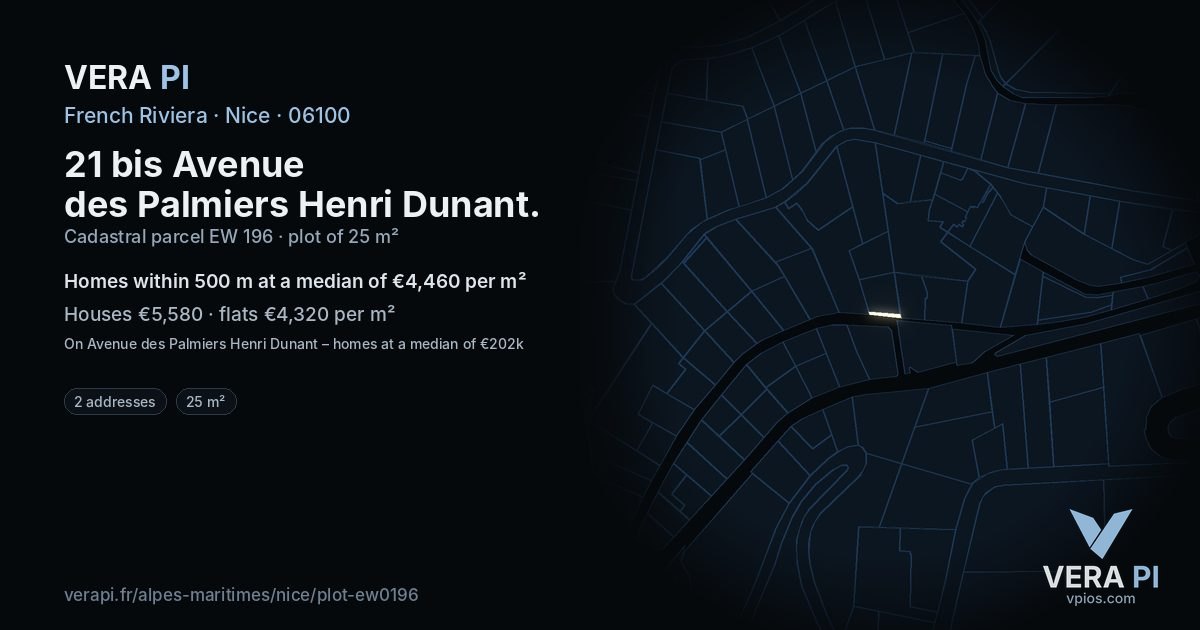 21 bis Avenue des Palmiers Henri Dunant, Nice at night – the plot lit, the parcels around coloured by the prices near them
