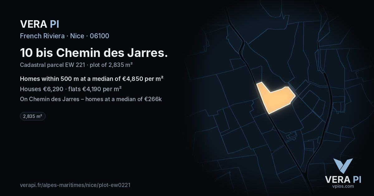 10 bis Chemin des Jarres, Nice at night – the plot lit, the parcels around coloured by the prices near them