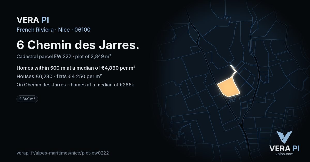 6 Chemin des Jarres, Nice at night – the plot lit, the parcels around coloured by the prices near them