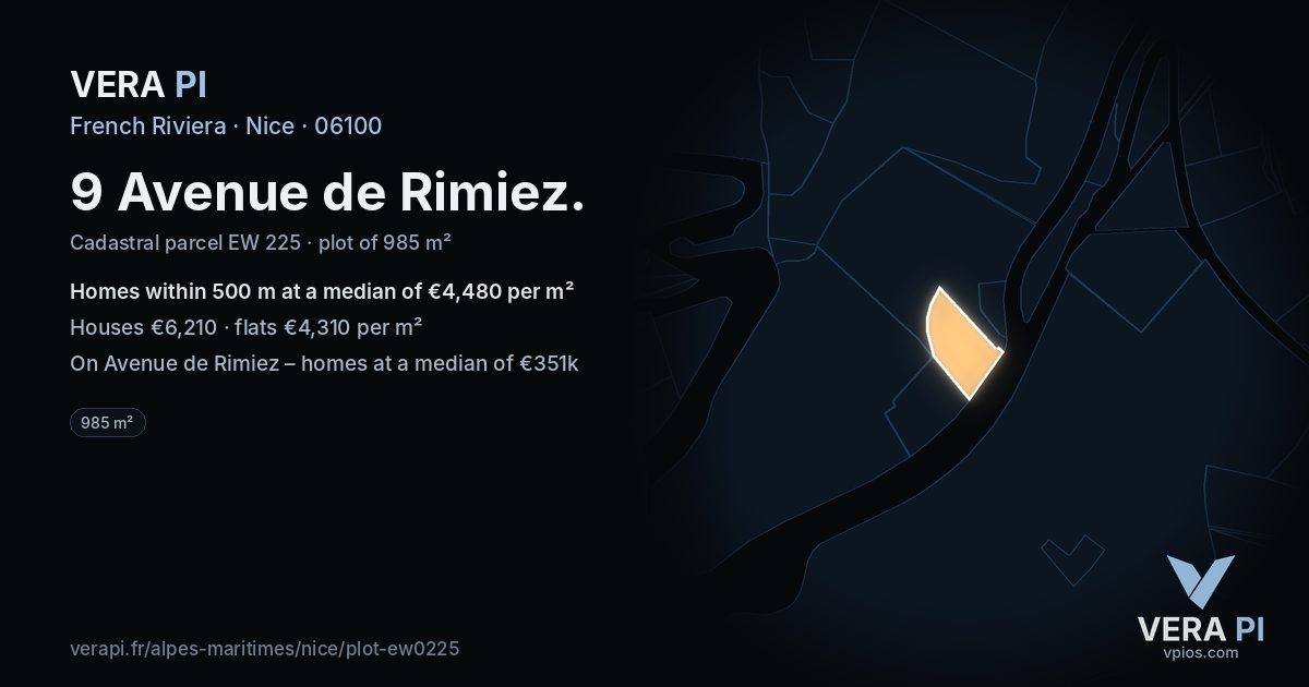9 Avenue de Rimiez, Nice at night – the plot lit, the parcels around coloured by the prices near them