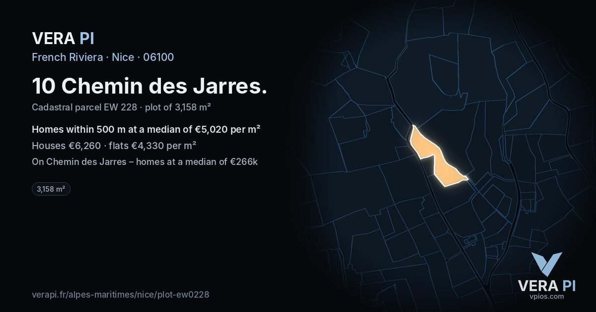 10 Chemin des Jarres, Nice at night – the plot lit, the parcels around coloured by the prices near them