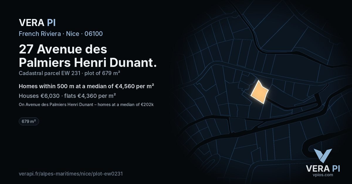 27 Avenue des Palmiers Henri Dunant, Nice at night – the plot lit, the parcels around coloured by the prices near them
