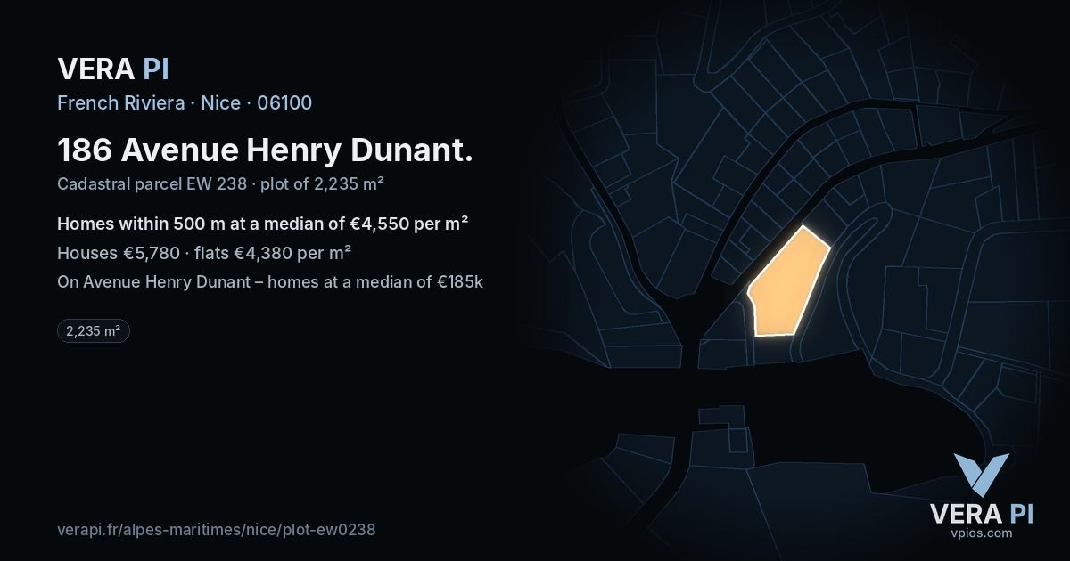 186 Avenue Henry Dunant, Nice at night – the plot lit, the parcels around coloured by the prices near them