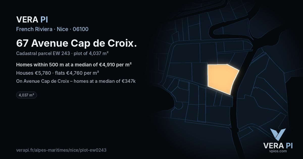 67 Avenue Cap de Croix, Nice at night – the plot lit, the parcels around coloured by the prices near them