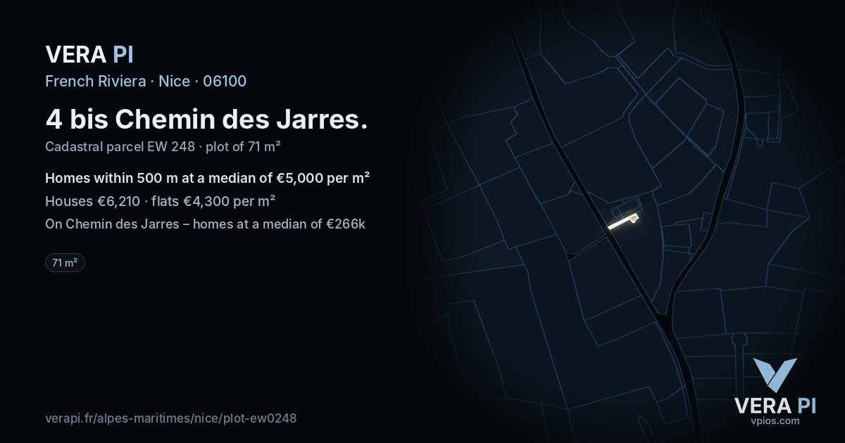 4 bis Chemin des Jarres, Nice at night – the plot lit, the parcels around coloured by the prices near them