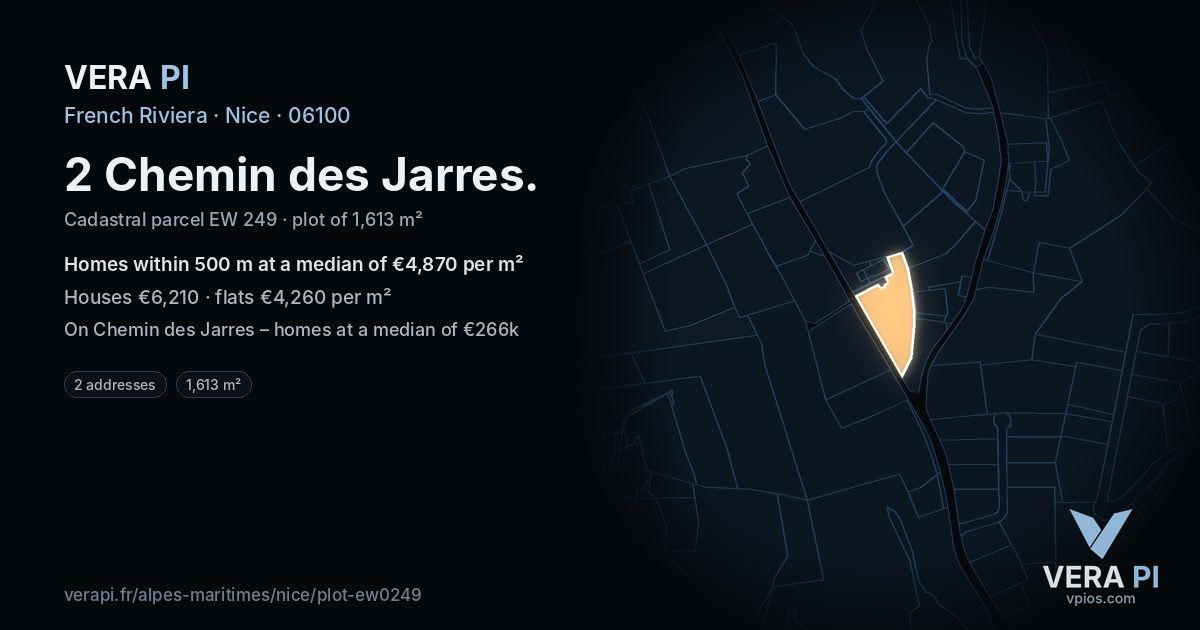2 Chemin des Jarres, Nice at night – the plot lit, the parcels around coloured by the prices near them
