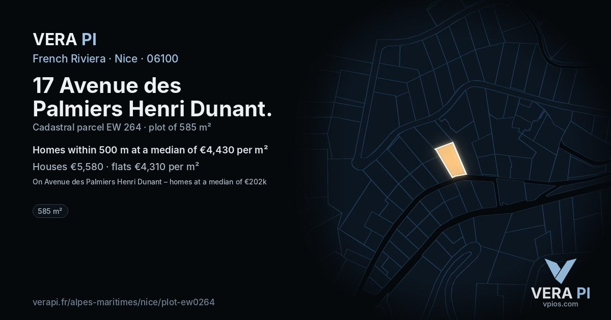 17 Avenue des Palmiers Henri Dunant, Nice at night – the plot lit, the parcels around coloured by the prices near them