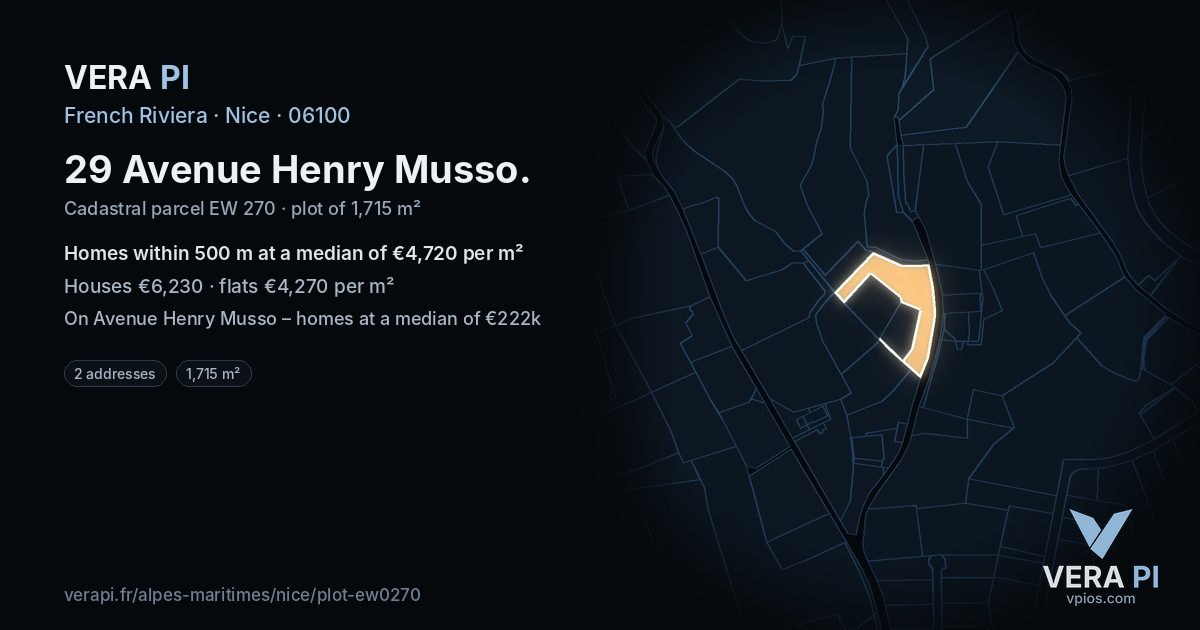 29 Avenue Henry Musso, Nice at night – the plot lit, the parcels around coloured by the prices near them