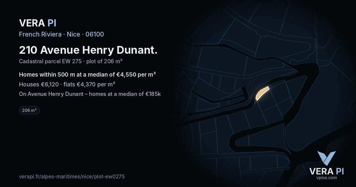 210 Avenue Henry Dunant, Nice at night – the plot lit, the parcels around coloured by the prices near them
