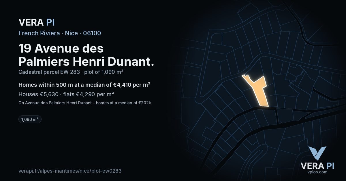 19 Avenue des Palmiers Henri Dunant, Nice at night – the plot lit, the parcels around coloured by the prices near them
