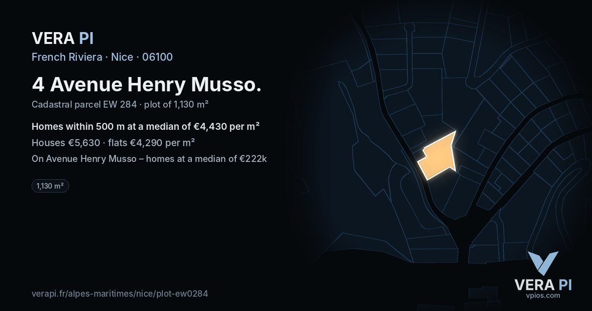 4 Avenue Henry Musso, Nice at night – the plot lit, the parcels around coloured by the prices near them