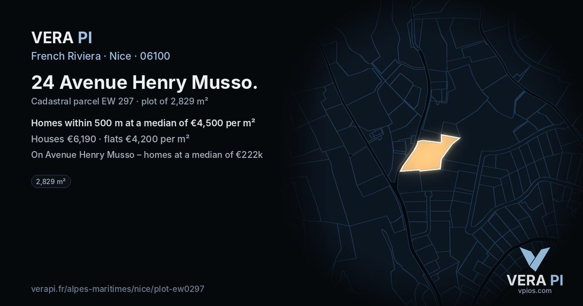 24 Avenue Henry Musso, Nice at night – the plot lit, the parcels around coloured by the prices near them