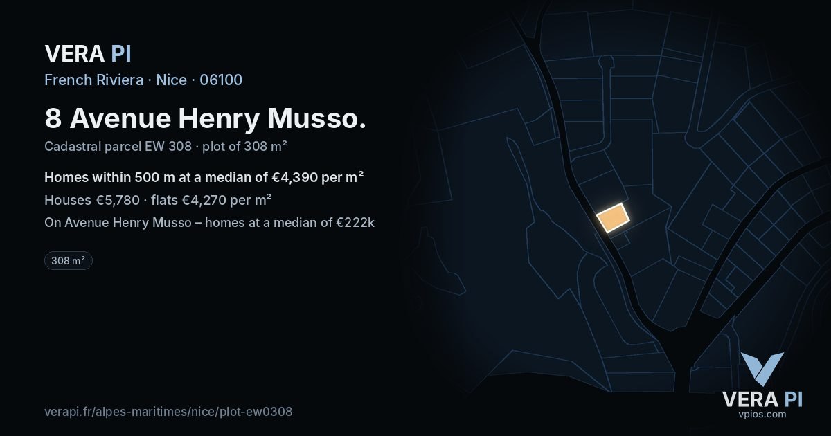 8 Avenue Henry Musso, Nice at night – the plot lit, the parcels around coloured by the prices near them