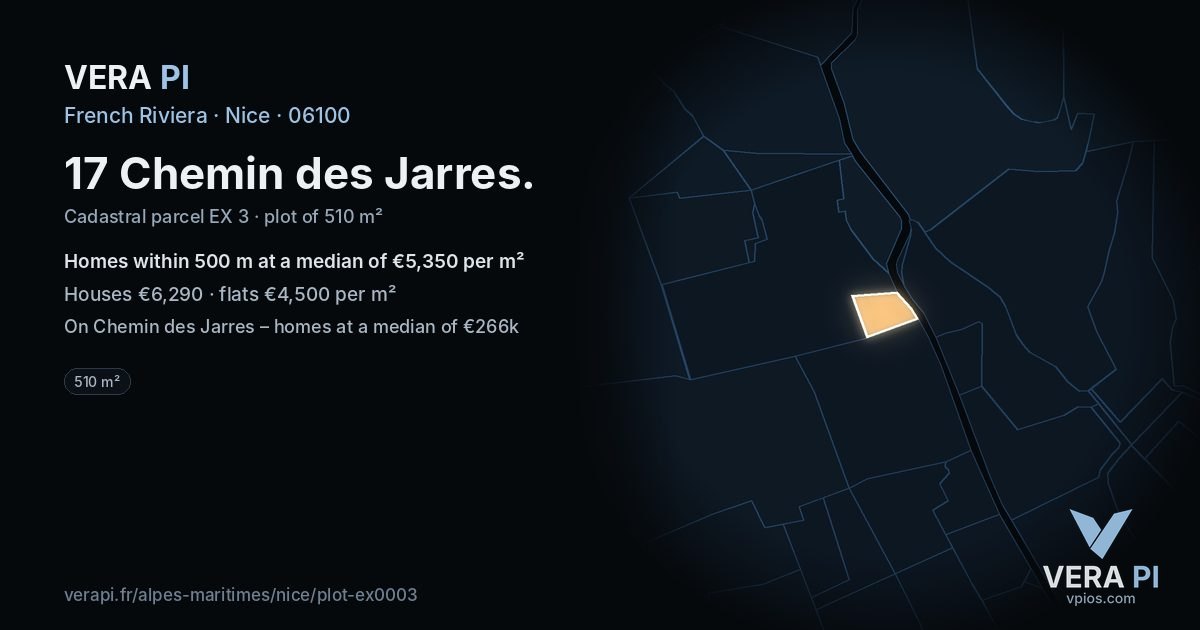 17 Chemin des Jarres, Nice at night – the plot lit, the parcels around coloured by the prices near them