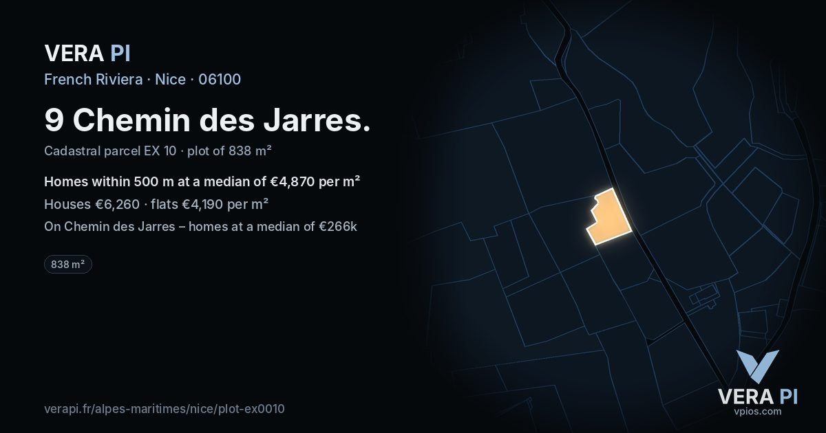 9 Chemin des Jarres, Nice at night – the plot lit, the parcels around coloured by the prices near them