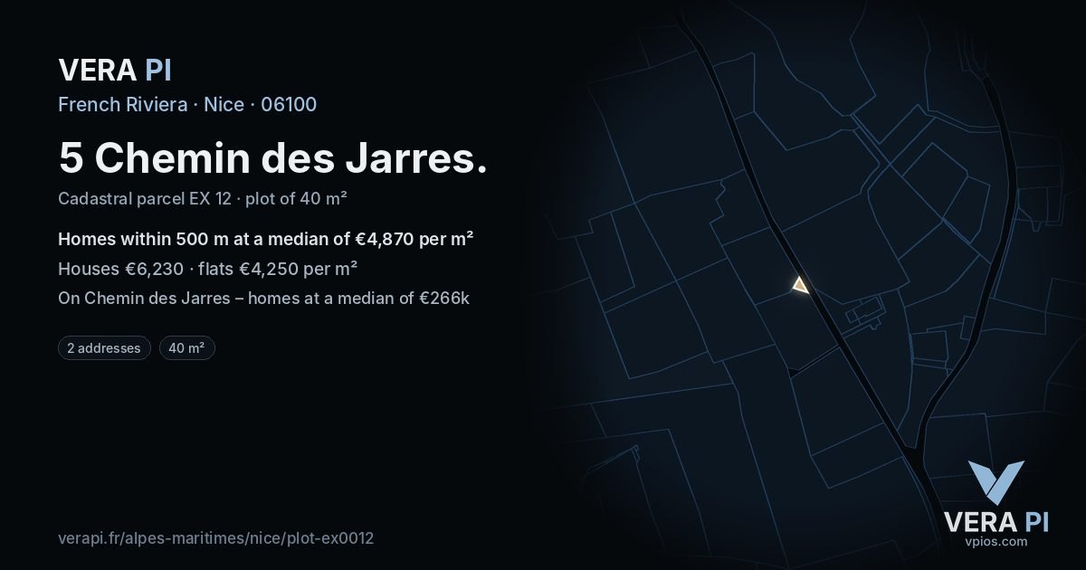 5 Chemin des Jarres, Nice at night – the plot lit, the parcels around coloured by the prices near them