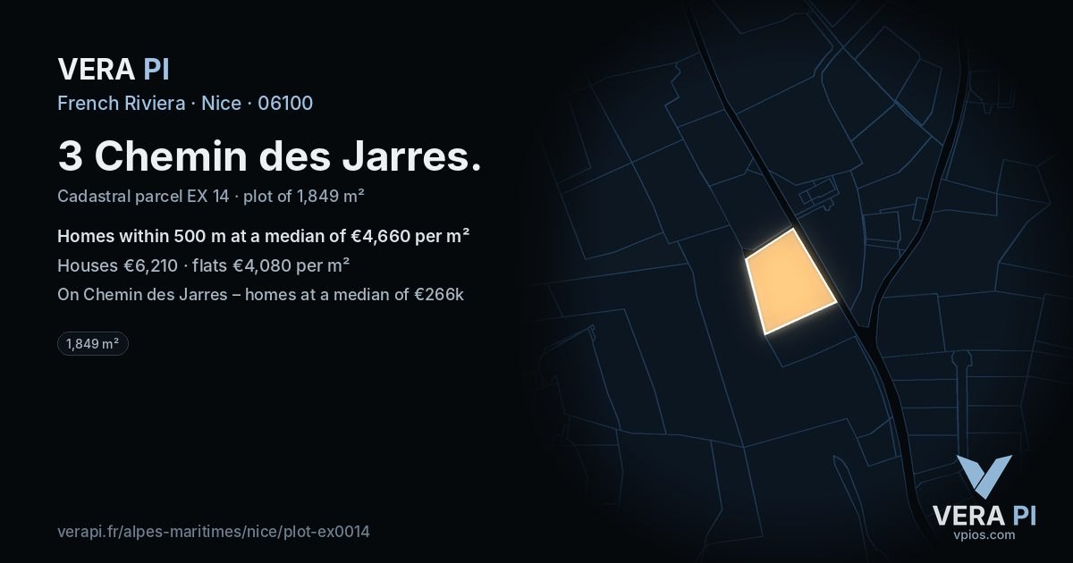 3 Chemin des Jarres, Nice at night – the plot lit, the parcels around coloured by the prices near them