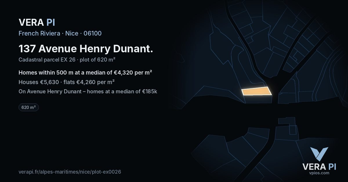 137 Avenue Henry Dunant, Nice at night – the plot lit, the parcels around coloured by the prices near them