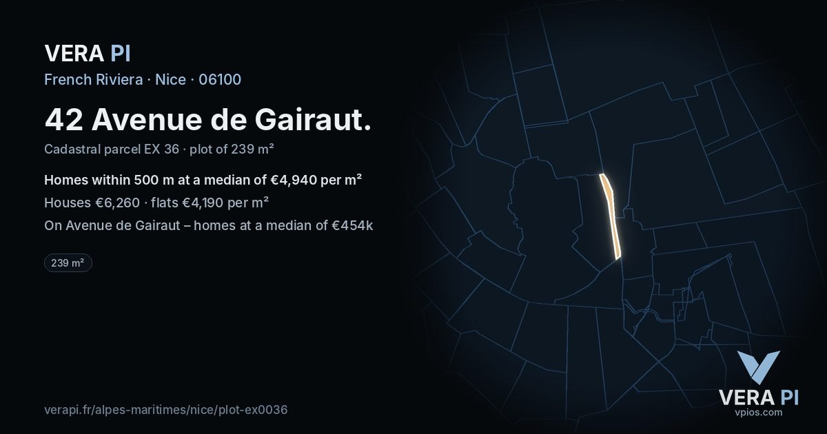 42 Avenue de Gairaut, Nice at night – the plot lit, the parcels around coloured by the prices near them