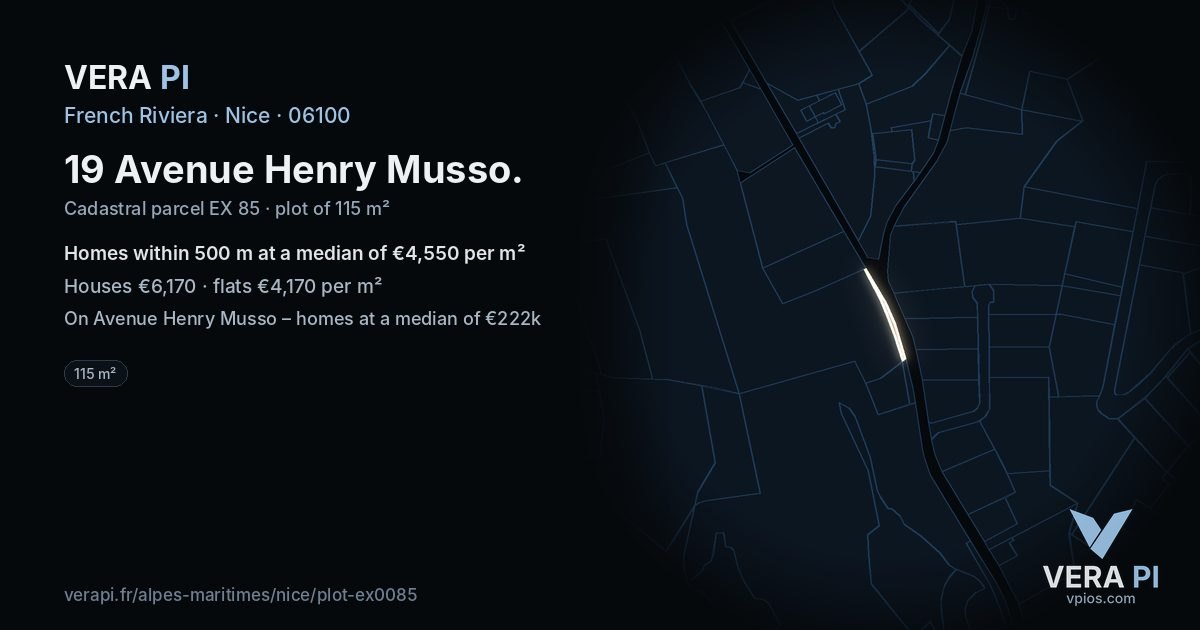 19 Avenue Henry Musso, Nice at night – the plot lit, the parcels around coloured by the prices near them