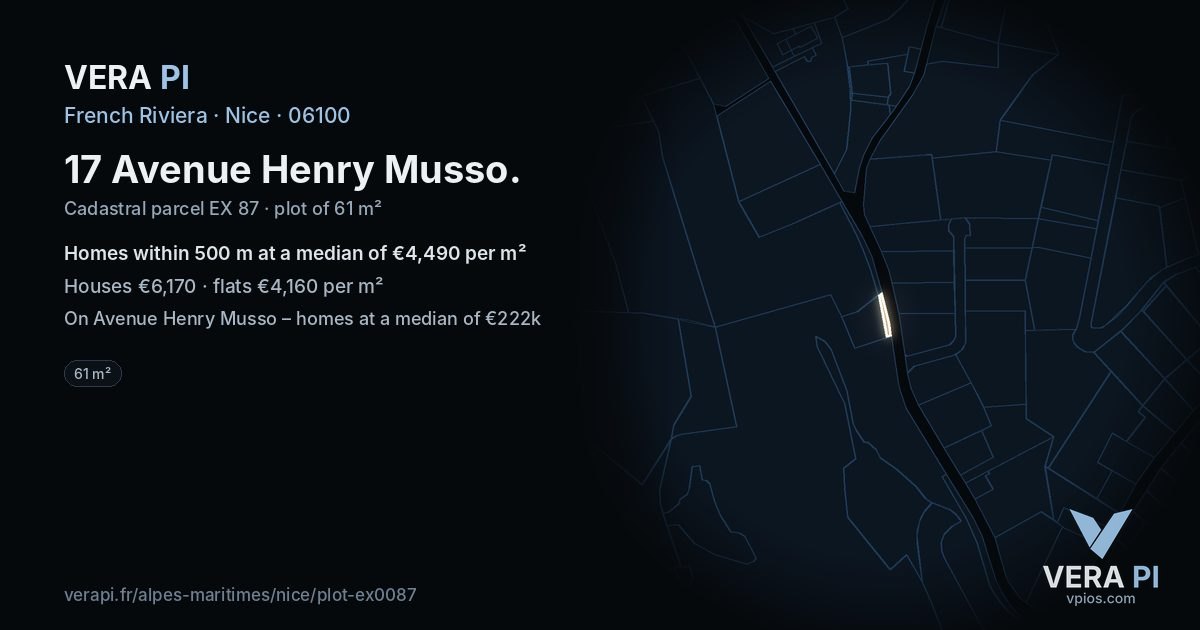 17 Avenue Henry Musso, Nice at night – the plot lit, the parcels around coloured by the prices near them
