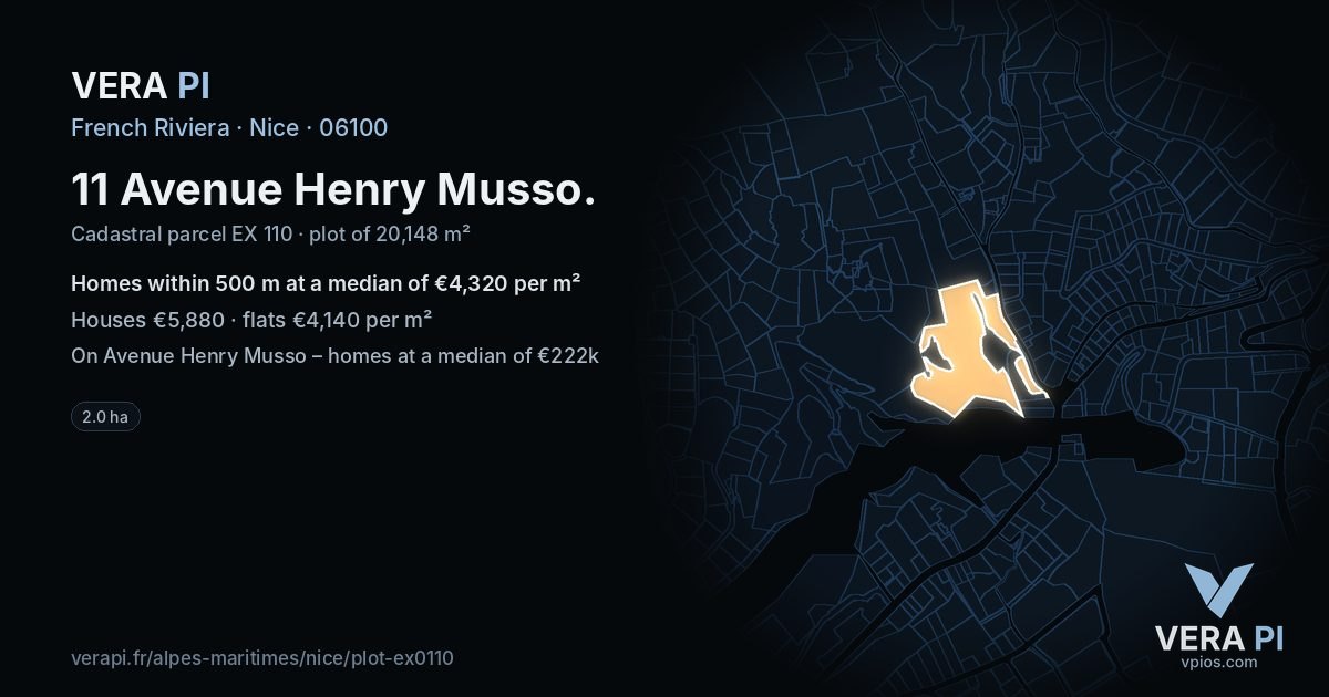 11 Avenue Henry Musso, Nice at night – the plot lit, the parcels around coloured by the prices near them