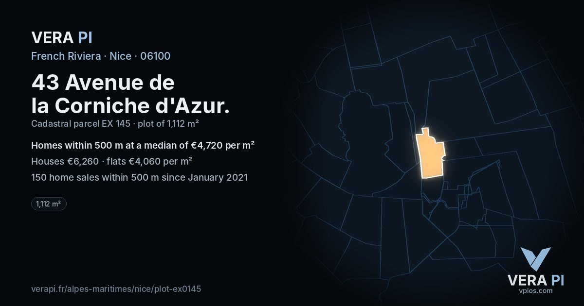 43 Avenue de la Corniche d'Azur, Nice at night – the plot lit, the parcels around coloured by the prices near them