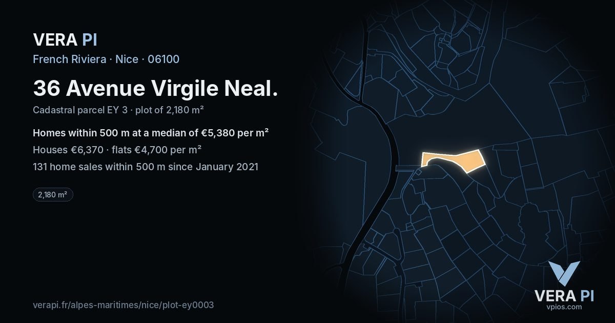 36 Avenue Virgile Neal, Nice at night – the plot lit, the parcels around coloured by the prices near them