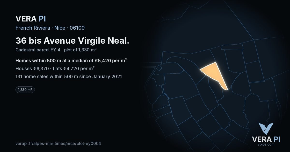36 bis Avenue Virgile Neal, Nice at night – the plot lit, the parcels around coloured by the prices near them
