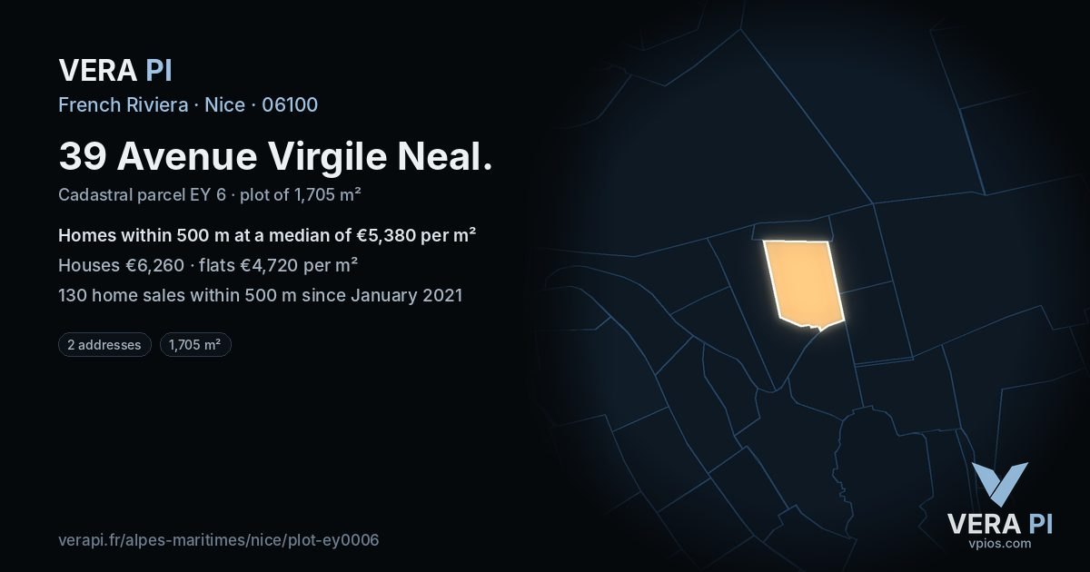 39 Avenue Virgile Neal, Nice at night – the plot lit, the parcels around coloured by the prices near them