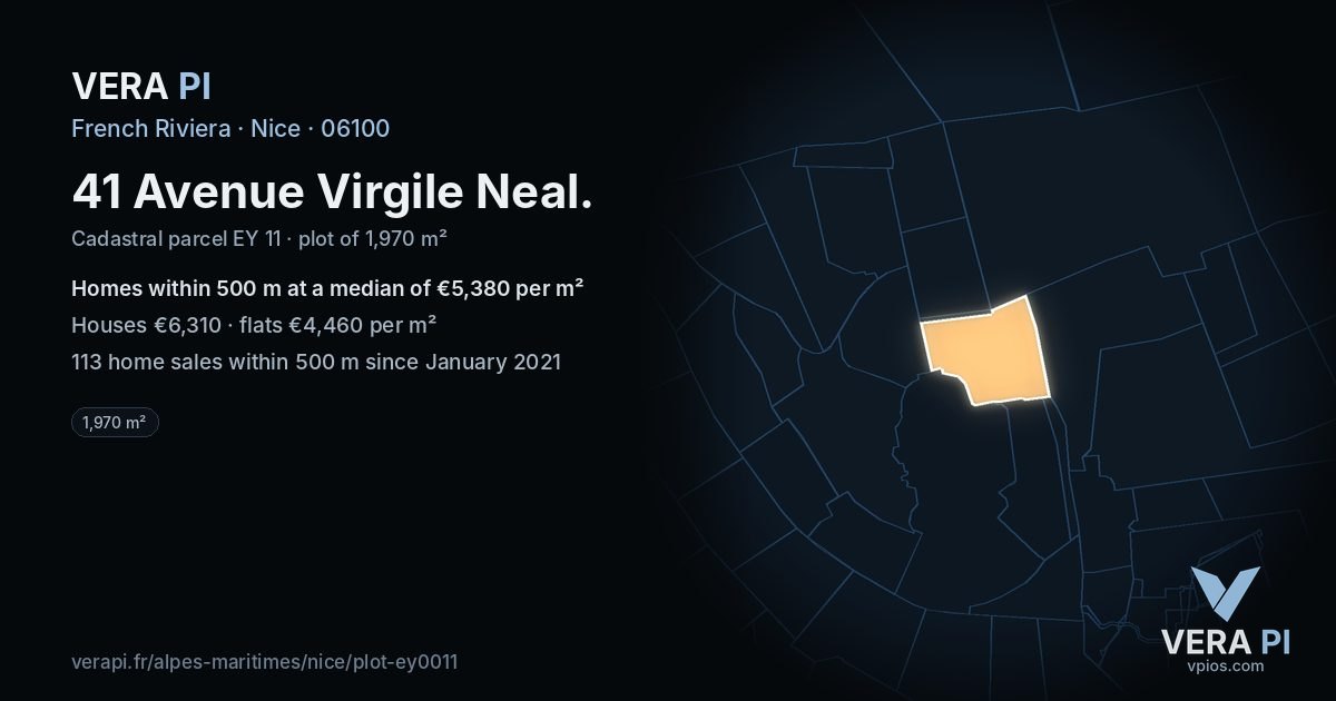 41 Avenue Virgile Neal, Nice at night – the plot lit, the parcels around coloured by the prices near them