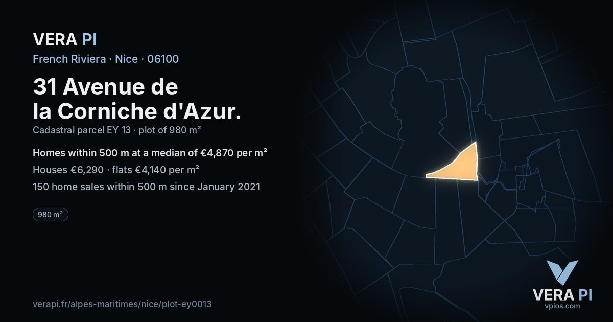 31 Avenue de la Corniche d'Azur, Nice at night – the plot lit, the parcels around coloured by the prices near them
