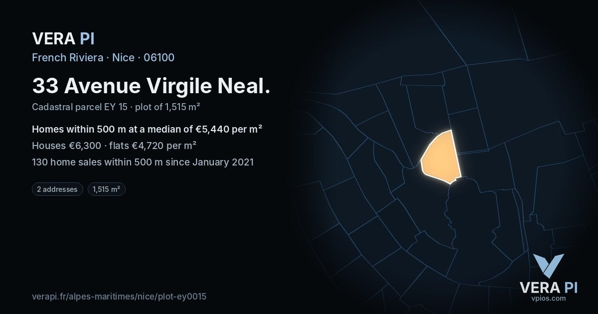 33 Avenue Virgile Neal, Nice at night – the plot lit, the parcels around coloured by the prices near them