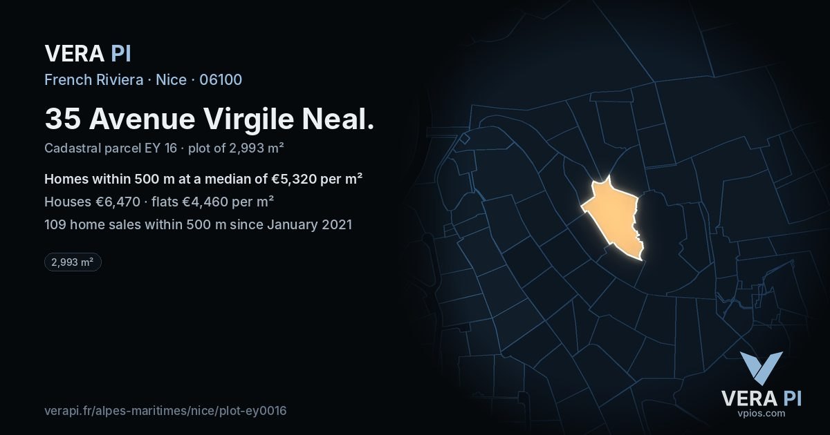 35 Avenue Virgile Neal, Nice at night – the plot lit, the parcels around coloured by the prices near them