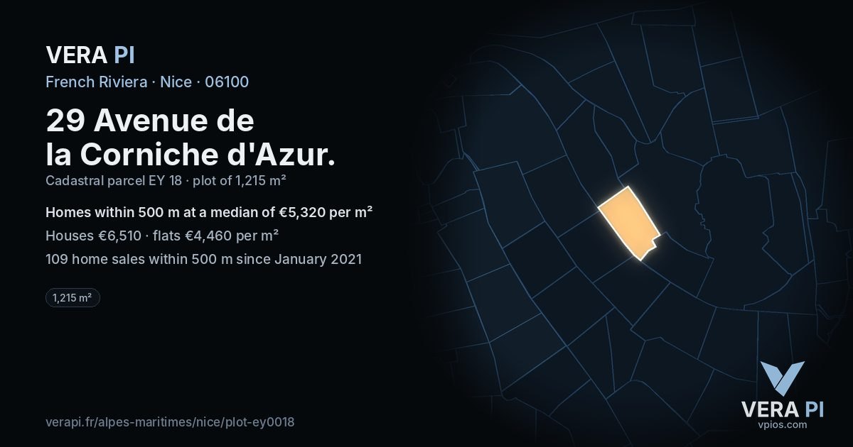 29 Avenue de la Corniche d'Azur, Nice at night – the plot lit, the parcels around coloured by the prices near them