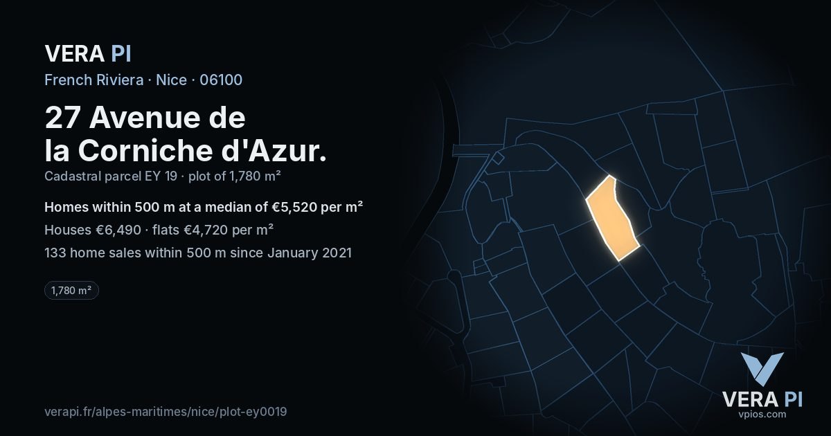 27 Avenue de la Corniche d'Azur, Nice at night – the plot lit, the parcels around coloured by the prices near them