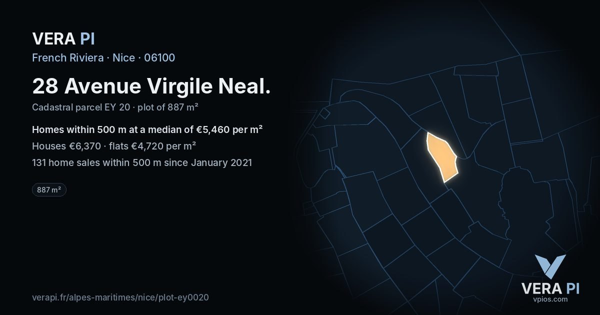 28 Avenue Virgile Neal, Nice at night – the plot lit, the parcels around coloured by the prices near them