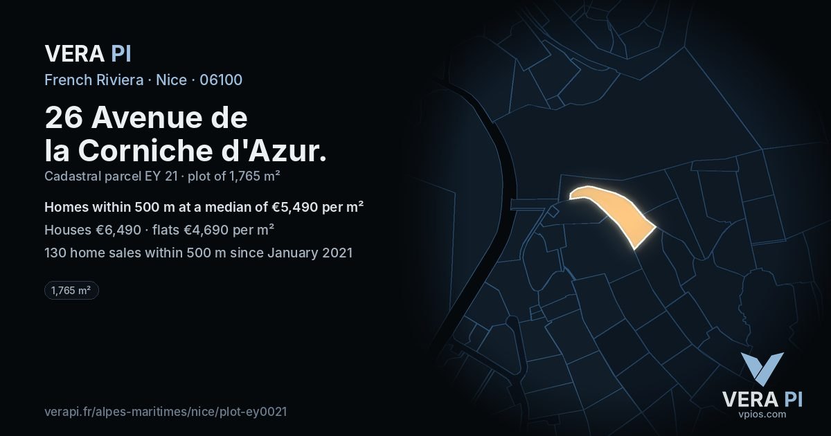 26 Avenue de la Corniche d'Azur, Nice at night – the plot lit, the parcels around coloured by the prices near them