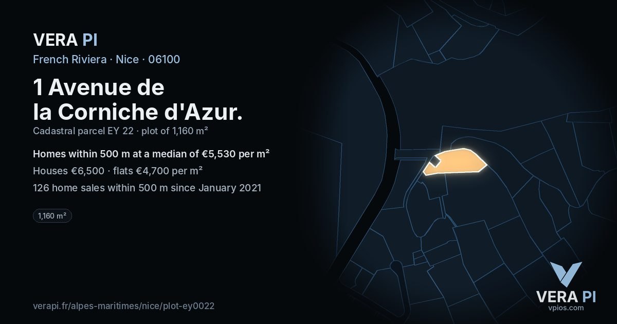1 Avenue de la Corniche d'Azur, Nice at night – the plot lit, the parcels around coloured by the prices near them