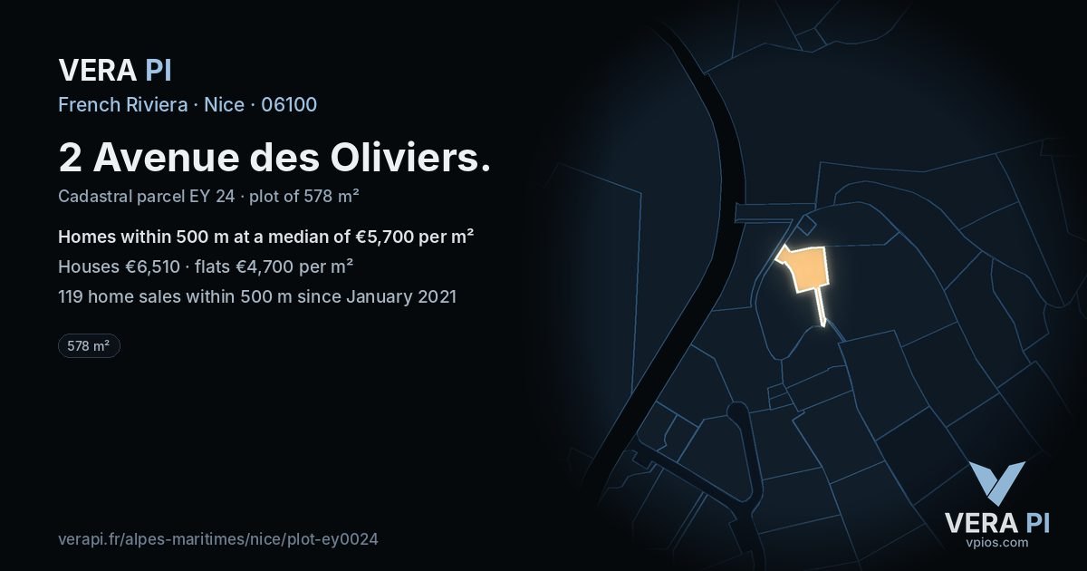 2 Avenue des Oliviers, Nice at night – the plot lit, the parcels around coloured by the prices near them
