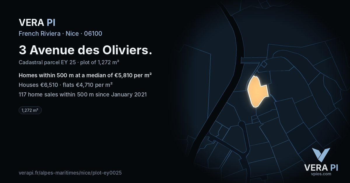 3 Avenue des Oliviers, Nice at night – the plot lit, the parcels around coloured by the prices near them