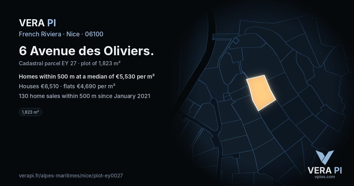 6 Avenue des Oliviers, Nice at night – the plot lit, the parcels around coloured by the prices near them