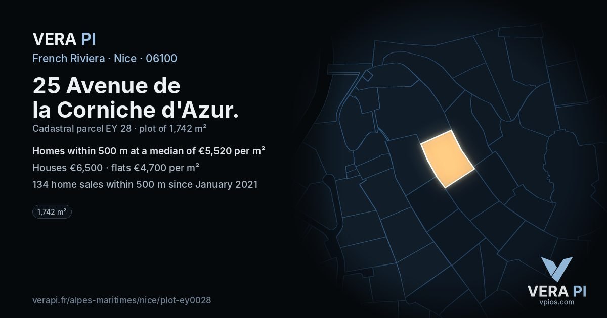25 Avenue de la Corniche d'Azur, Nice at night – the plot lit, the parcels around coloured by the prices near them