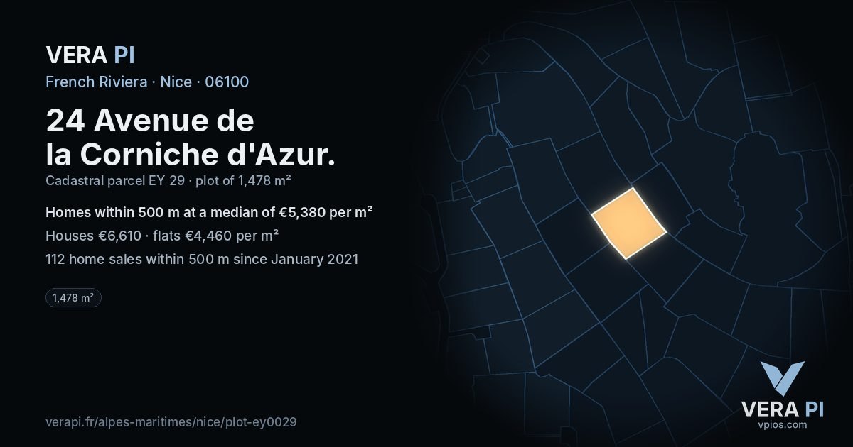 24 Avenue de la Corniche d'Azur, Nice at night – the plot lit, the parcels around coloured by the prices near them