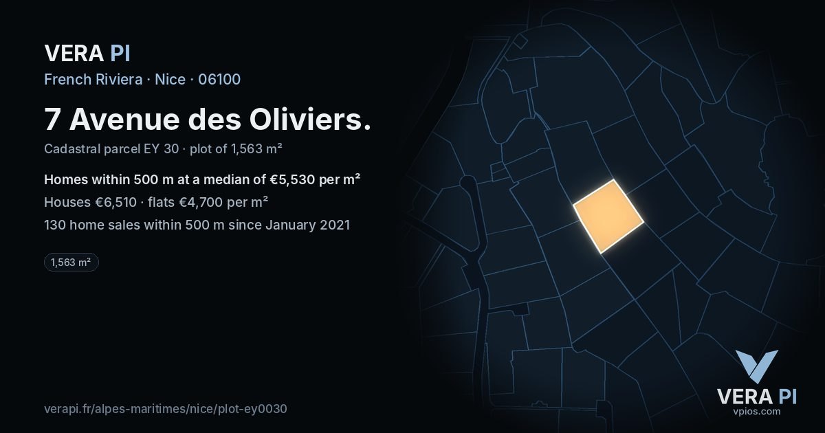 7 Avenue des Oliviers, Nice at night – the plot lit, the parcels around coloured by the prices near them