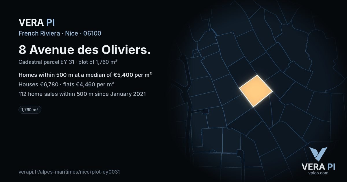 8 Avenue des Oliviers, Nice at night – the plot lit, the parcels around coloured by the prices near them