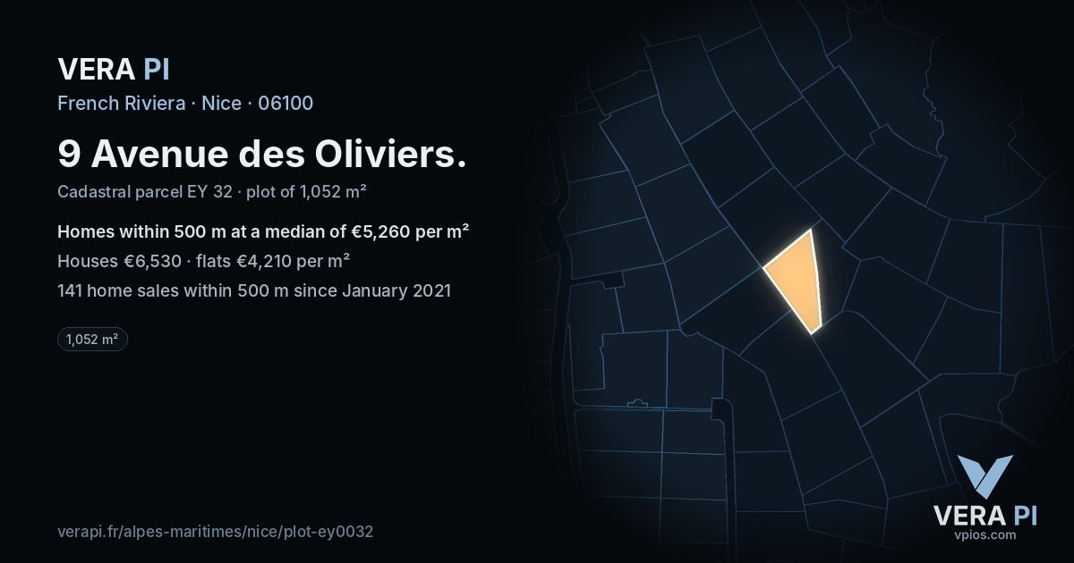 9 Avenue des Oliviers, Nice at night – the plot lit, the parcels around coloured by the prices near them