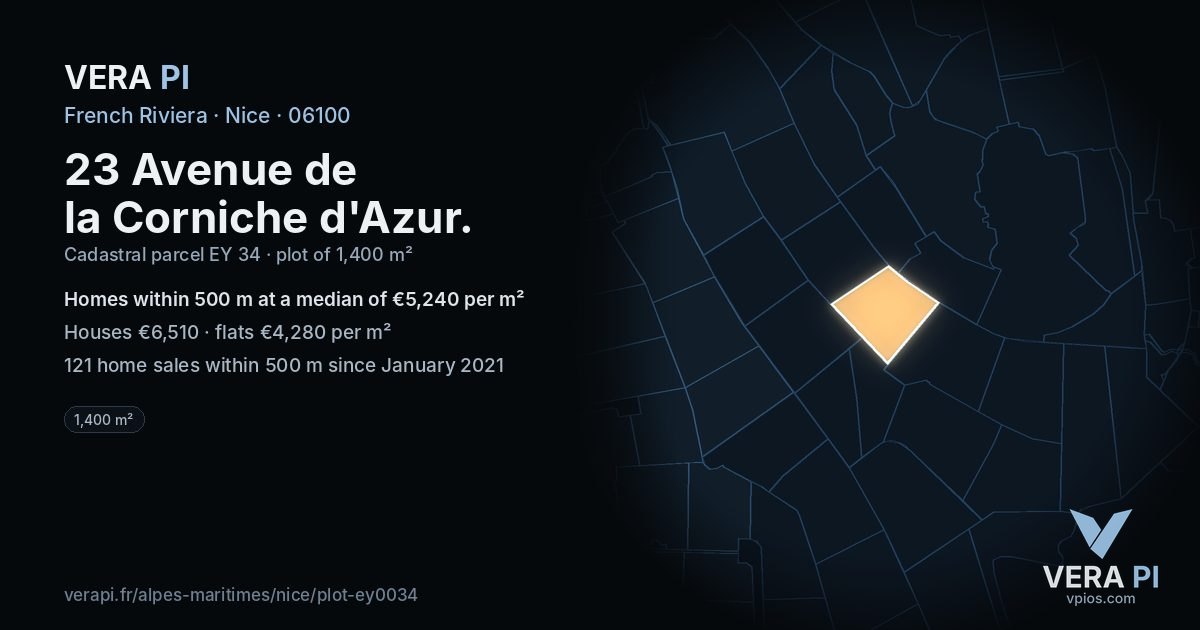 23 Avenue de la Corniche d'Azur, Nice at night – the plot lit, the parcels around coloured by the prices near them