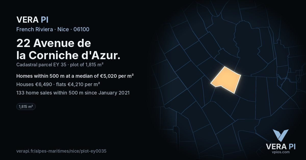 22 Avenue de la Corniche d'Azur, Nice at night – the plot lit, the parcels around coloured by the prices near them