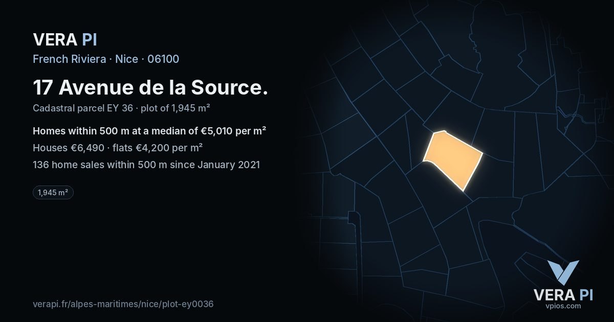 17 Avenue de la Source, Nice at night – the plot lit, the parcels around coloured by the prices near them